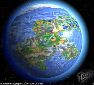 Planetary view of the World of Sulerin. Illustration copyright � 2001 Mike Lopresti